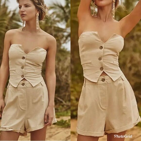 Revolve FREE PEOPLE NO BUSINESS HERE Tailored Vest Waistcoat KHAKI TUBE TOP - Picture 1 of 9